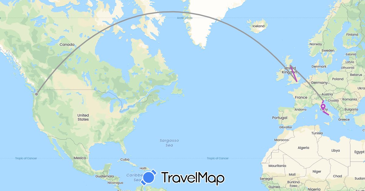 TravelMap itinerary: driving, plane, train in United Kingdom, Italy, United States (Europe, North America)